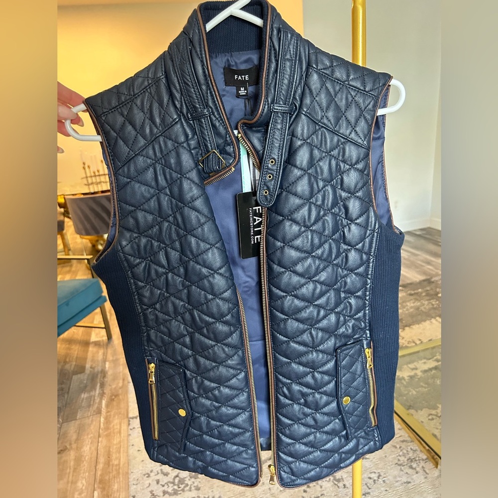 NWT Dark Blue Vest Brown Trim Gold Hardware